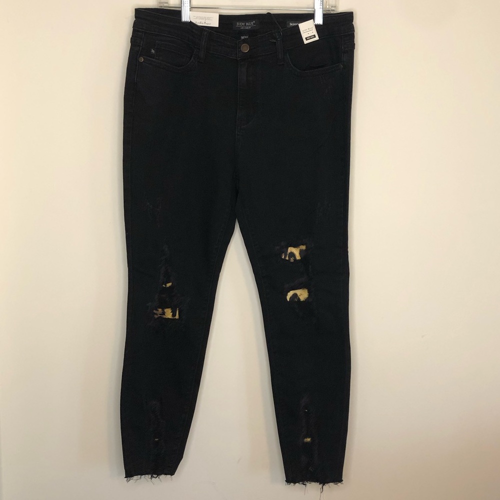 Judy Blue Black Mid-Rise Skinny Distressed Leopard Print Patch 15/32 NWT Stretch - Picture 2 of 8